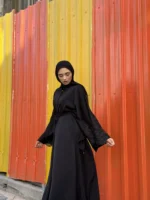 Mina Ferace Dubai Krep Fermuarlı & Kuşaklı (Rahat Kalıp) Geniş Kol - Görsel 6
