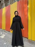 Mina Ferace Dubai Krep Fermuarlı & Kuşaklı (Rahat Kalıp) Geniş Kol - Görsel 7