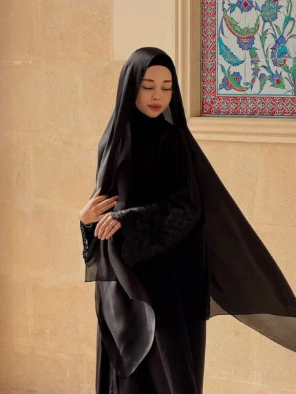 Mina Ferace Dubai Krep Fermuarlı & Kuşaklı (Rahat Kalıp) Geniş Kol