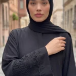 Pamuk Elastan Dantelli Fransız Desen Dubai Krep Kumaş Ferace Hem Fermuarlı Hem Kuşaklı