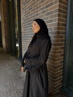 Pamuk Elastan Dantelli Fransız Desen Dubai Krep Kumaş Ferace Hem Fermuarlı Hem Kuşaklı - Görsel 6